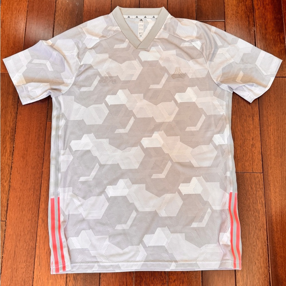 Adidas mesh grey octagon pattern jersey.  Coral accents. V neck. Size large